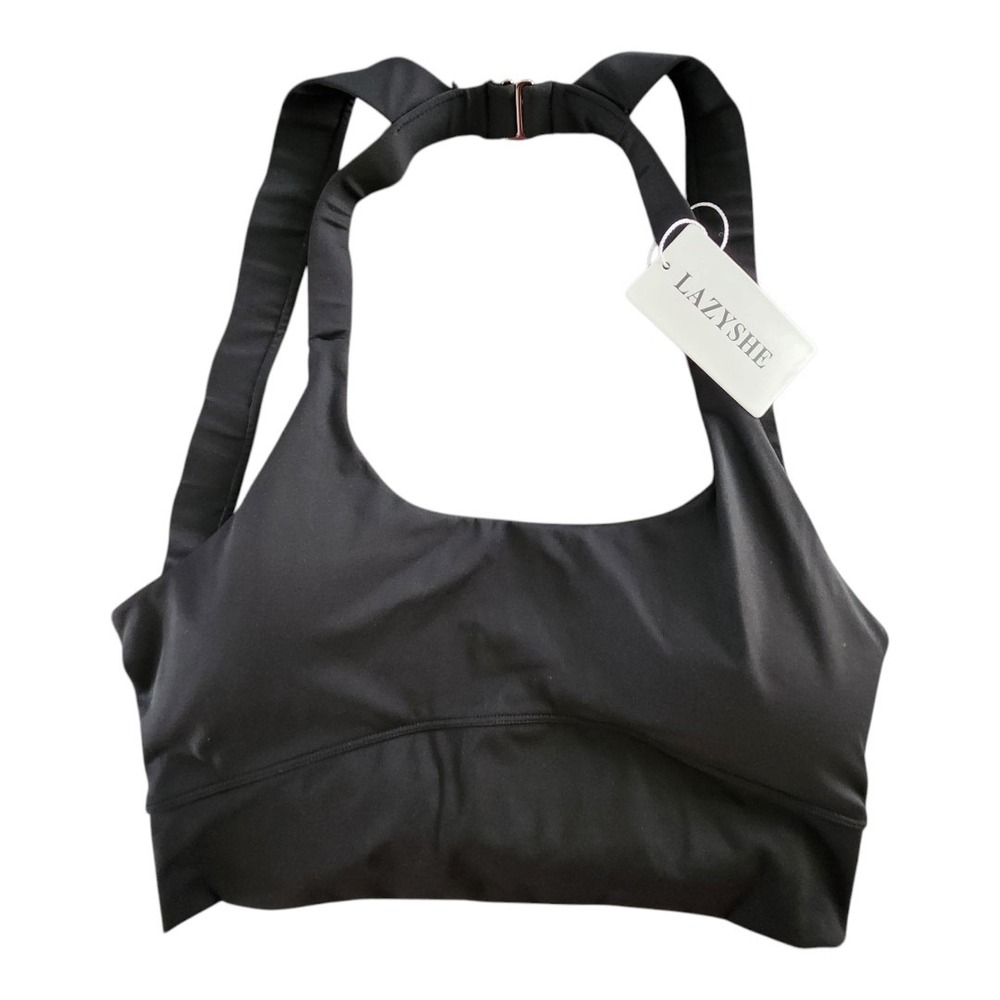 NWT Lazyshe Women's Padded Rear Twist Open Back Sports‎ Bra Black Size Large